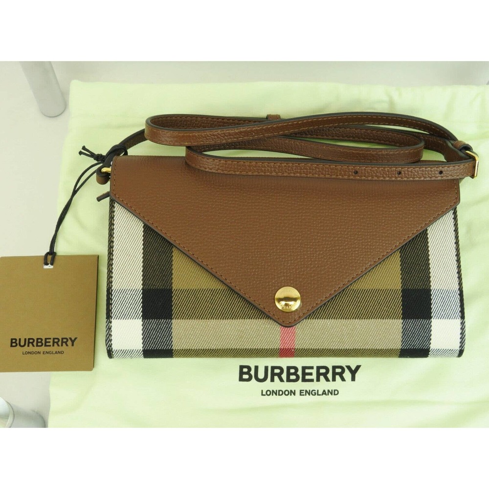 $910 NWT BURBERRY HANNAH TAN LEATHER CANVAS CHECK SHOULDER STRAP CLUTCH BAG - Picture 8 of 16